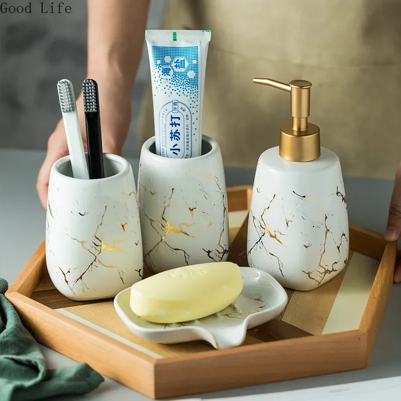 

3/4pcs Ceramic Toiletries Set Marble Porcelain Cup Toothbrush Holder Soap Dish Tray Bathroom Accessories