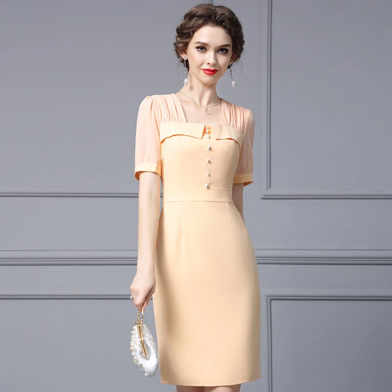 

Light Orange Fashion Elegant Women Dress Square-Neck Short Sleeve Knee Length Pockets Daily A Line Slim Female New Summer Gowns