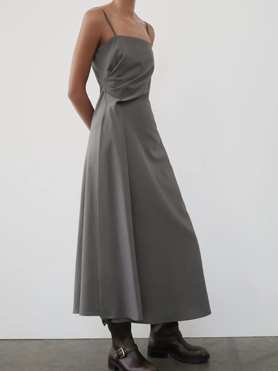 

Женское винтажное платье миди без рукавов, повседневное однотонное платье со складками и открытой спиной, 2023