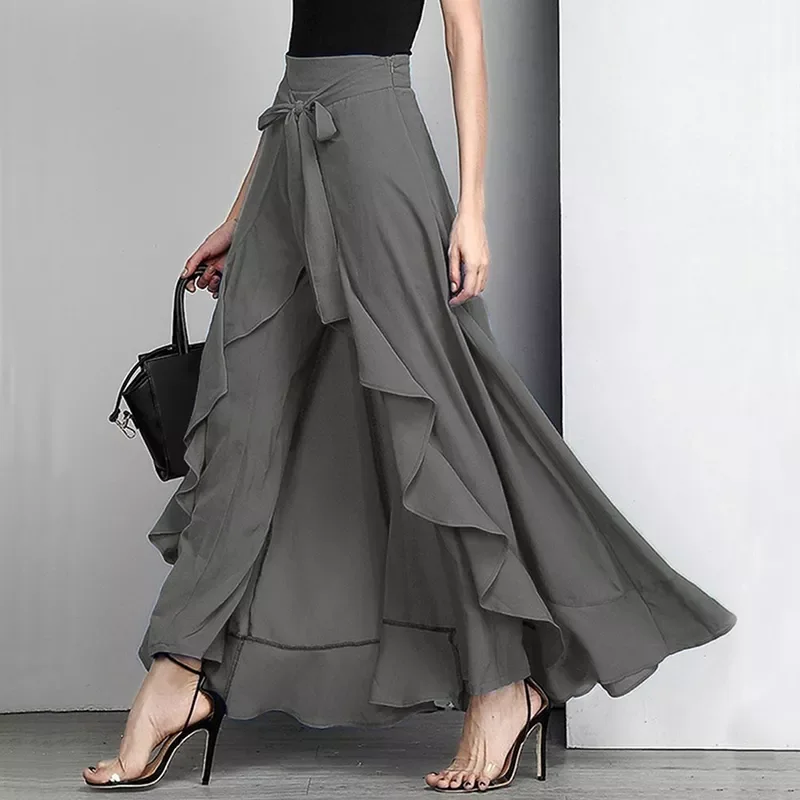 

Women Palazzo Pant Summer Ruffle Drawstring Trouser Causal Loose Woman Pant Skirt Solid Irregular Chiffon Female High Waist Pant