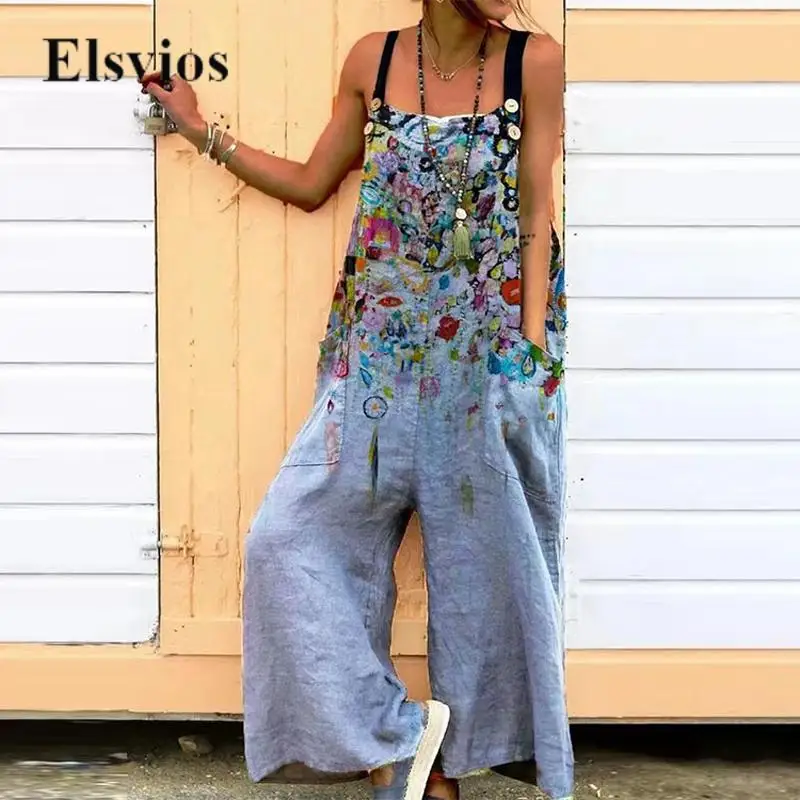 

Women Fashion Harajuku Print Romper Casual Retro Loose Wide Leg Jumpsuit Summer Female Buttoned Strappy Pocket Overalls Playsuit