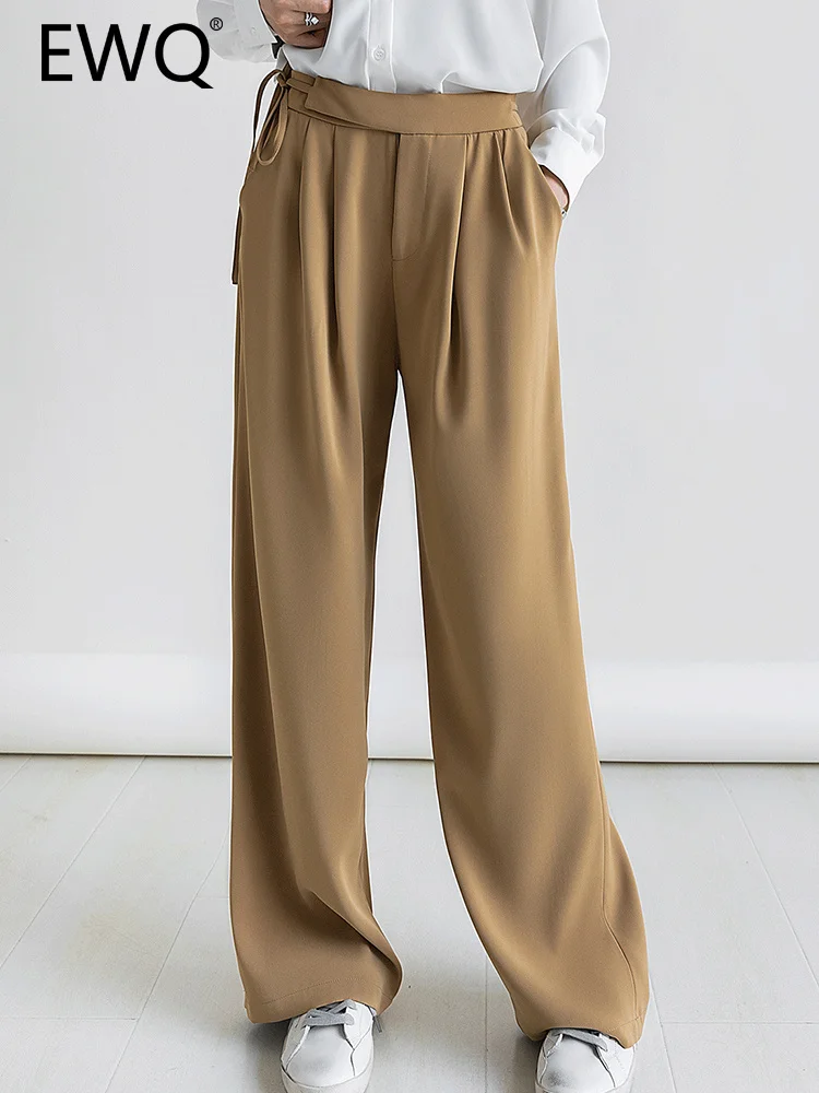 

EWQ High Waist Drawstring Design Pants Women's Solid Office Lady Wide Leg Trouser Elegant Female Clothing 2023 New Spring 26D737