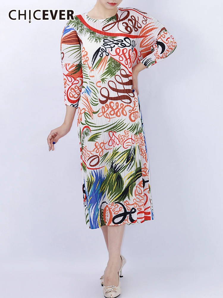 

CHICEVER Hit Color Slim Dresses For Women O Neck Three Quarter Sleeve High Waist Print Dress Females Summer Clothes Fashion 2022