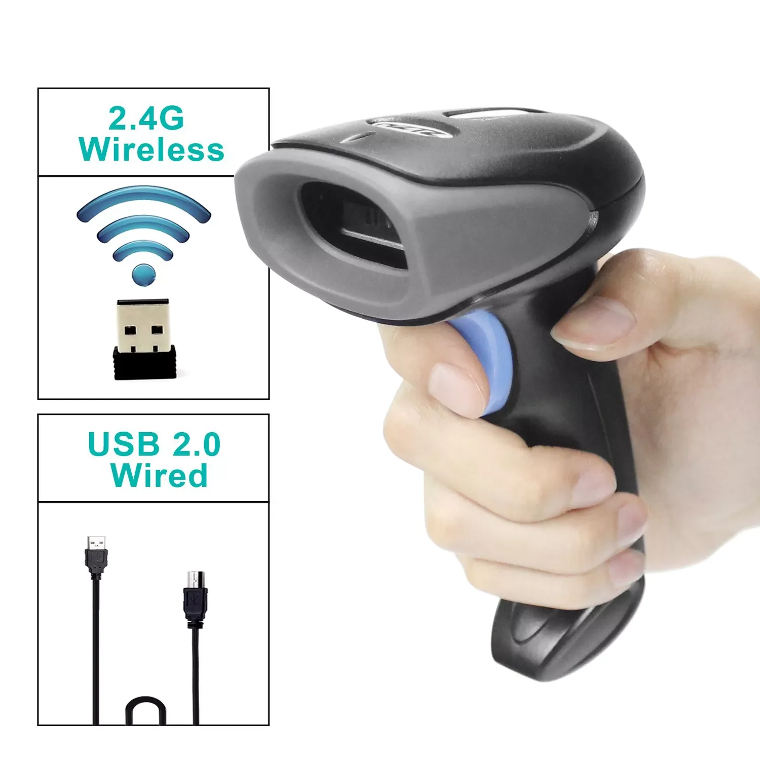 

NEW2023 HZTZ Wireless Barcode Scanner USB Wired/ 2.4G Wireless 1D Bar code Reader for Inventory POS Terminal