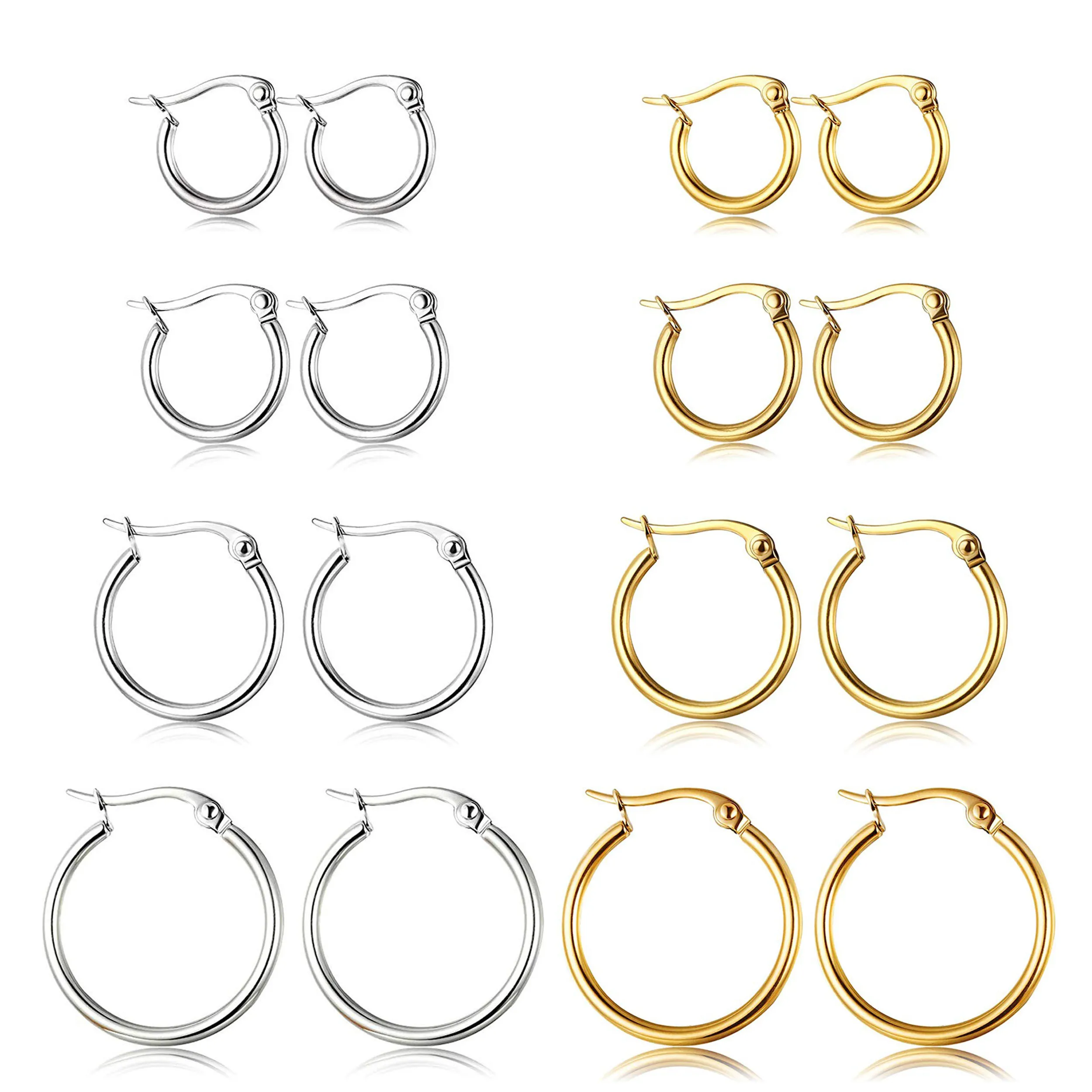 

4 пары, серьги-кольца из нержавеющей стали, 10-25 мм