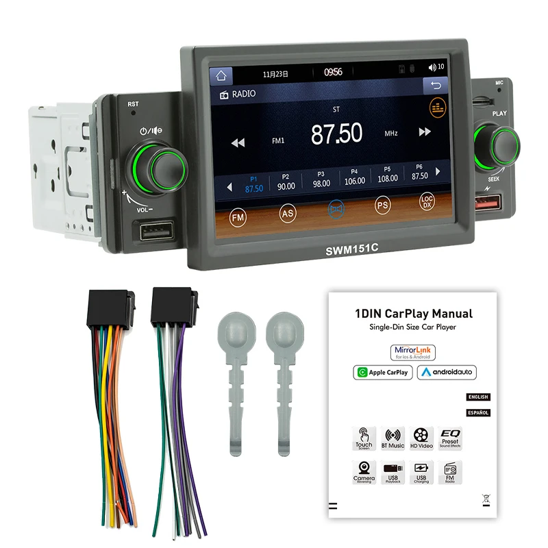 1 Din Radio samochodowe CarPlay z systemem Android Auto 5 Cal MP5 odtwarzacz Bluetooth bezprzewodowy A2DP USB odbiornik FM System Audio jednostka główna SWM151C 6 1 Din Radio samochodowe CarPlay z systemem Android Auto 5 Cal MP5 odtwarzacz Bluetooth bezprzewodowy A2DP USB odbiornik FM System Audio jednostka główna SWM151C 6
