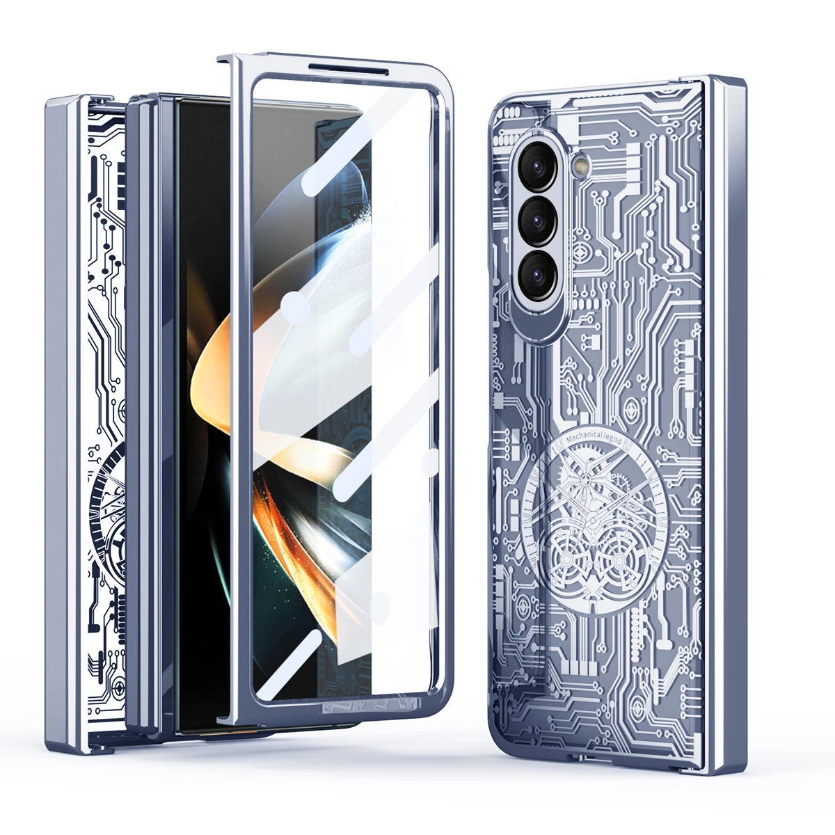 For Samsung Galaxy Z Fold 5 Case Electroplated Transparent Mechanical Pattern Folding Hinge With Tempered Film Shockproof Cover For Samsung Galaxy Z Fold 5 Case Electroplated Transparent Mechanical Pattern Folding Hinge With Tempered Film Shockproof Cover
