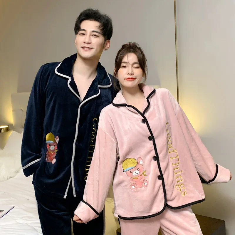 Coral Velvet Men Women Couple Pajamas Thickened Flannel Autumn and Winter Warm Home Clothes Outer Wear Cardigan Two-piece Set