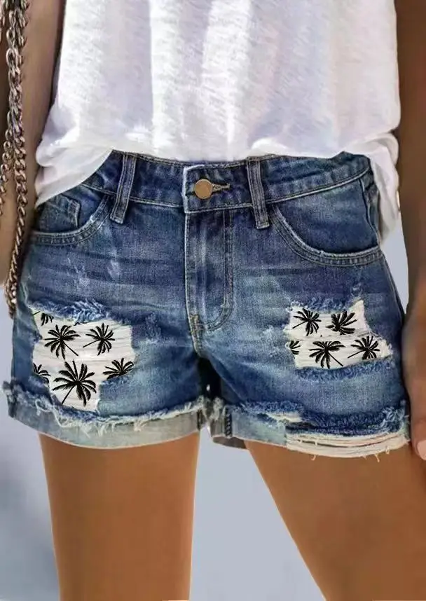 High waisted distressed jeans, female street trendsetter printed denim shorts women clothing  jean shorts