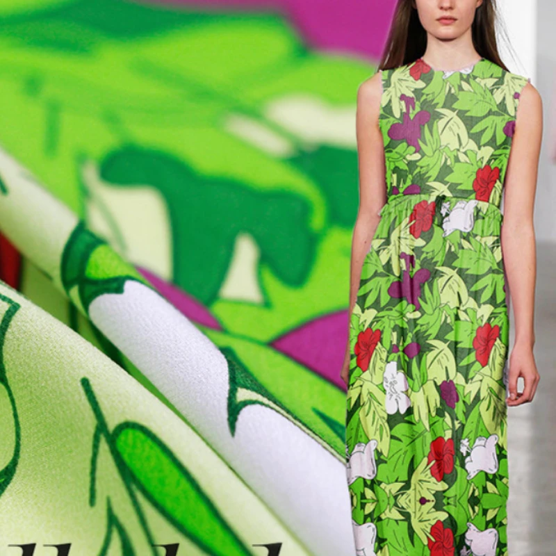 

Silk Crepe De Chine Mulberry Fabric Bright Green Printed Women's for Dress Handmade Diy Clothing Sewing by the Yard Material