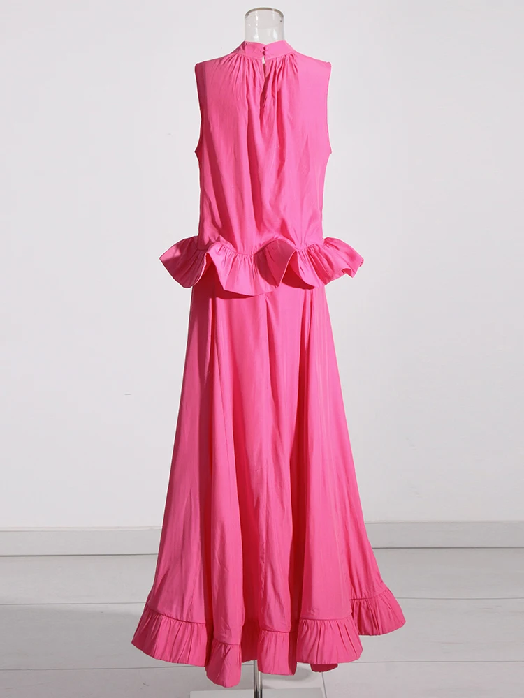 TWOTWINSTYLE Solid Two Piece Sets For Women Stand Collar Sleeveless Tops High Waist Irregular Ruffles Skirts Summer Set Female