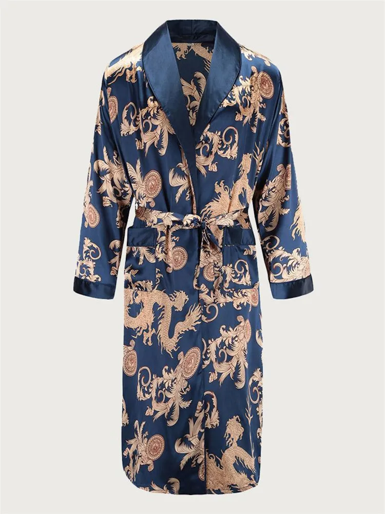 

Men Robe Silk Bathrobe Soft Cozy Long Sleeve Nightgown One-Piece Kimono Men Bath Gown Printed Robes Home Satin Sleepwear