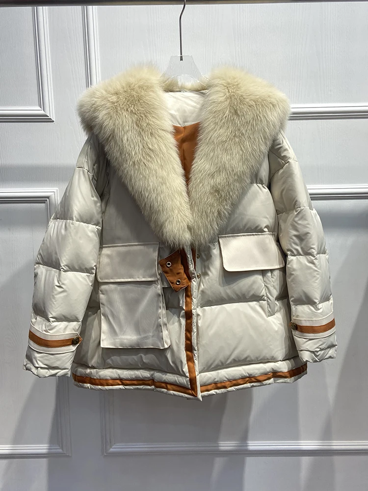 Women Winter Thick Real Fox Fur Collar Goose Down Parka Jacket Oversize Winter Parka Jacket