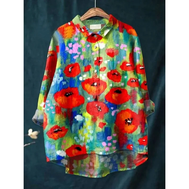 Женская льняная блузка с воротником-стойкой и длинным рукавом