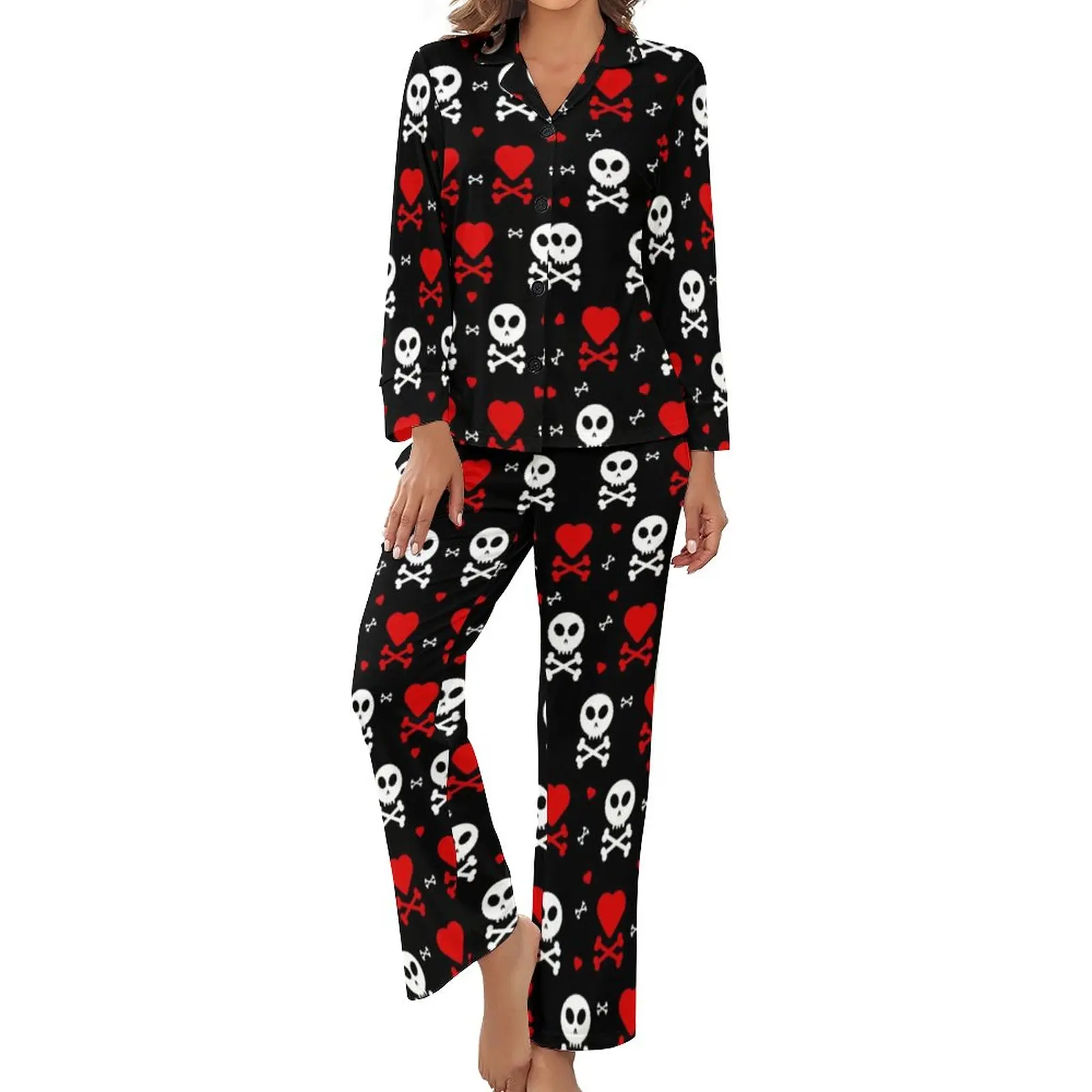 

Skull Hearts Pajamas Autumn Two Piece Funny Crossbones Romantic Pajamas Set Womens Long Sleeve V Neck Leisure Custom Home Suit