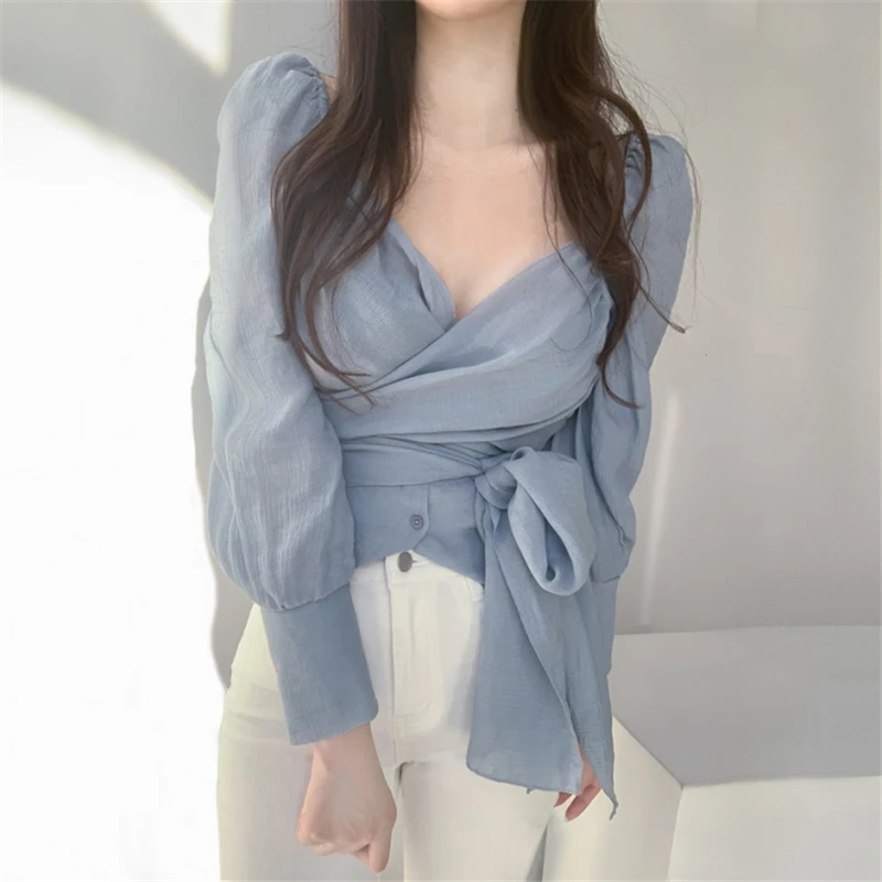 

Elegant Pleated Shirts Blouses Women Long Sleeve Cross V-Neck Lace-up Office Lady Workwear Korean Ruffled Chic Tops Blusas N165
