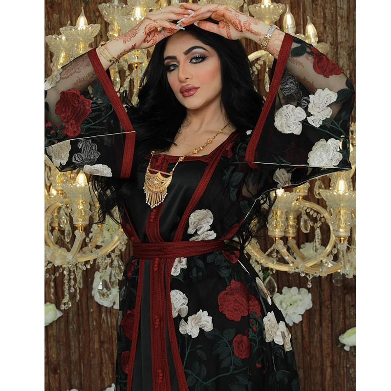 Middle East Dubai Embroidered Lace Mesh Lace Two-piece Sets Noble Dress Muslim Fashion Robe Femme Musulmane Abaya Turkey Dubai