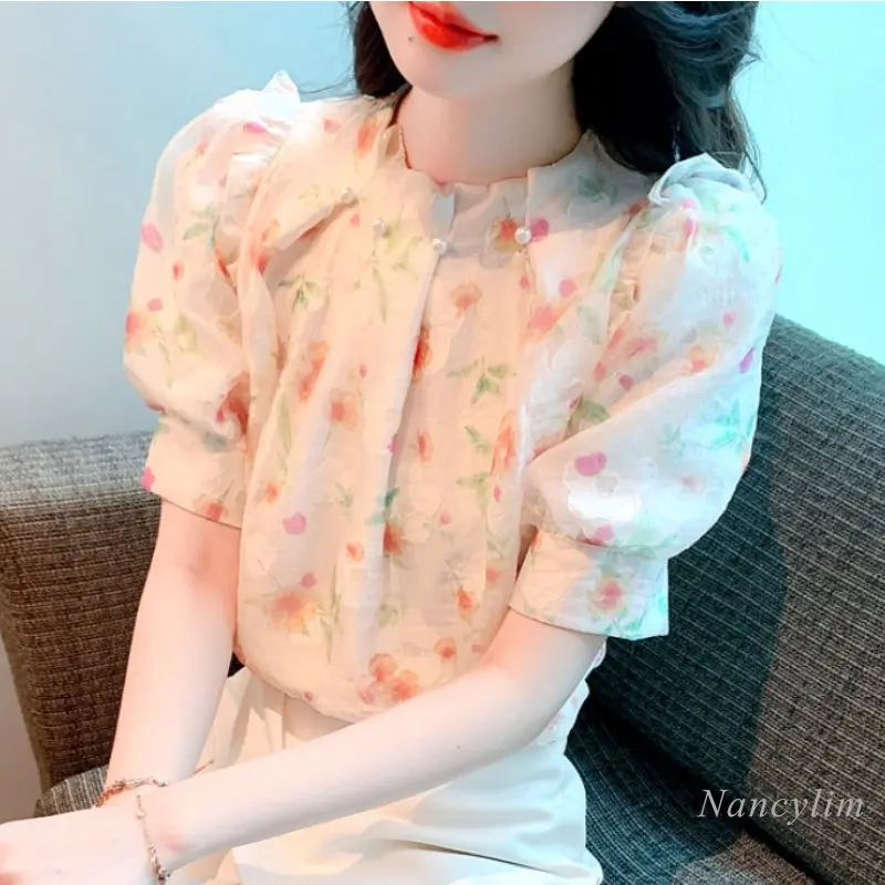 

Floral Chiffon Shirt Women's Summer Blouse 2023 New Design Short Sleeve Youthful-Looking Top Office Lady's Blusas