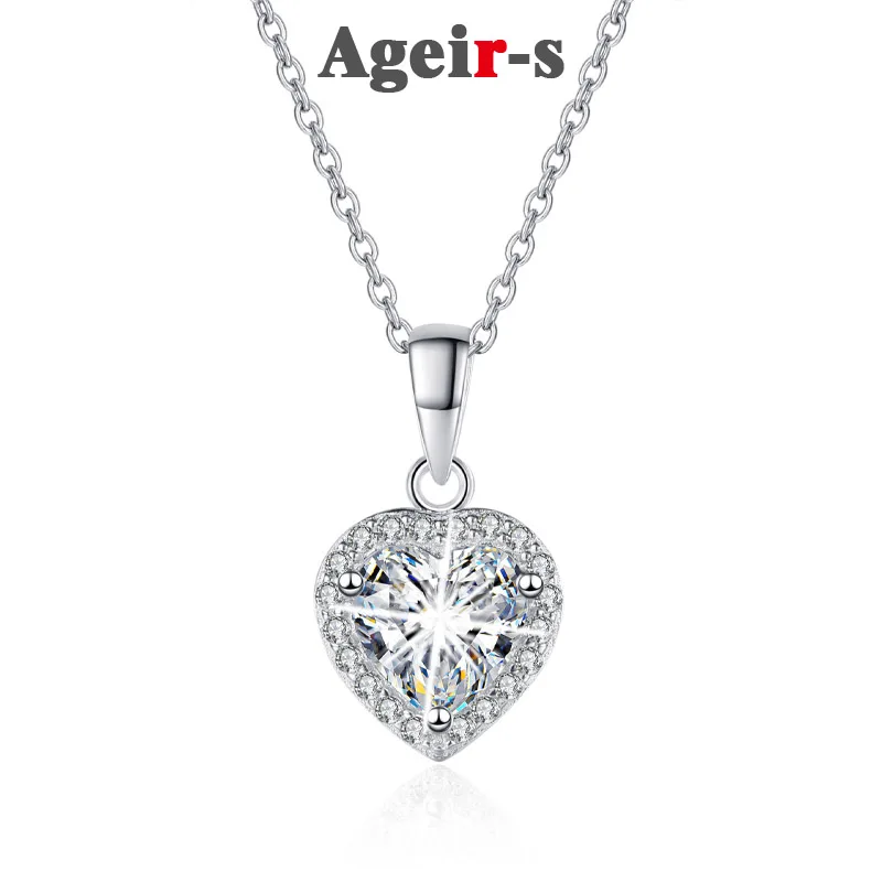

AGEIR-S Real 18K Whit Gold S925 Sterling Silver Affordable 1 Carat Moissanite Women Heart type Necklace Wedding Jewelry Z652