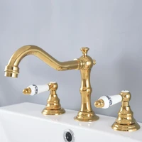 polished gold color brass deck mounted dual handles widespread bathroom 3 holes basin faucet mixer water taps mnf985