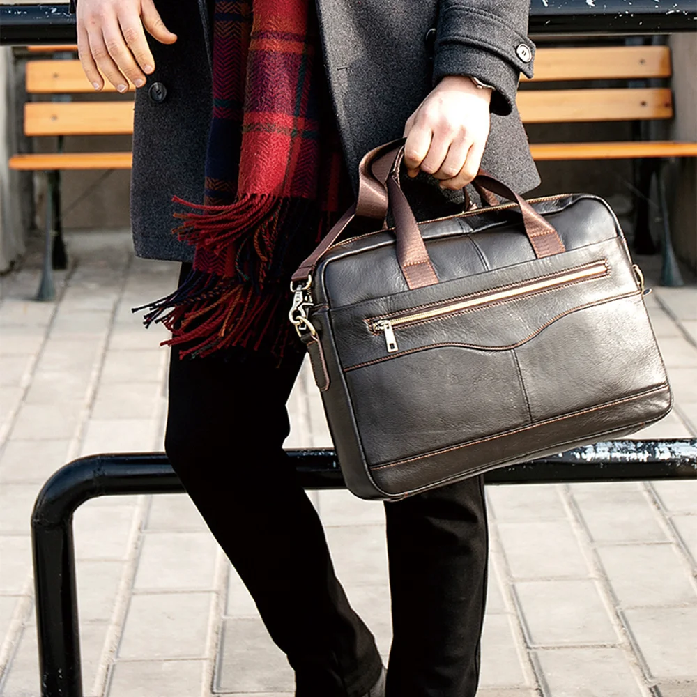 OYIXINGER Men's Bag Genuine Leather Briefcase Business Laptop Bag For 14.1Inch Laptops New Fashion Cowhide Laptop Bags For Male