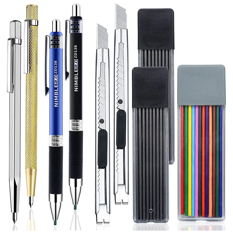 

PPYY-Carpenter Pencils Set 2 Construction Sharpener Pencils with 30 Refills & 2 Utility Knife, 2 Carbide Scriber Tool