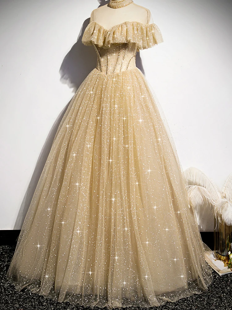 2023 New Golden Evening Gown Women's Banquet Temperament Evening Party Princess Puffy Skirt Long Dress Evening Gown