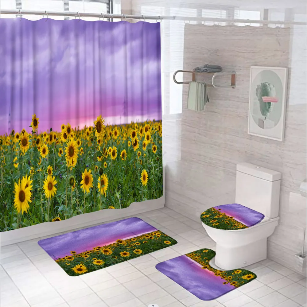 

Country Scenery Sunflower Field Shower Curtain Sets Purple Sky Flower Bathroom Screen Fabric Anti-slip Bath Mat Toilet Cover Rug