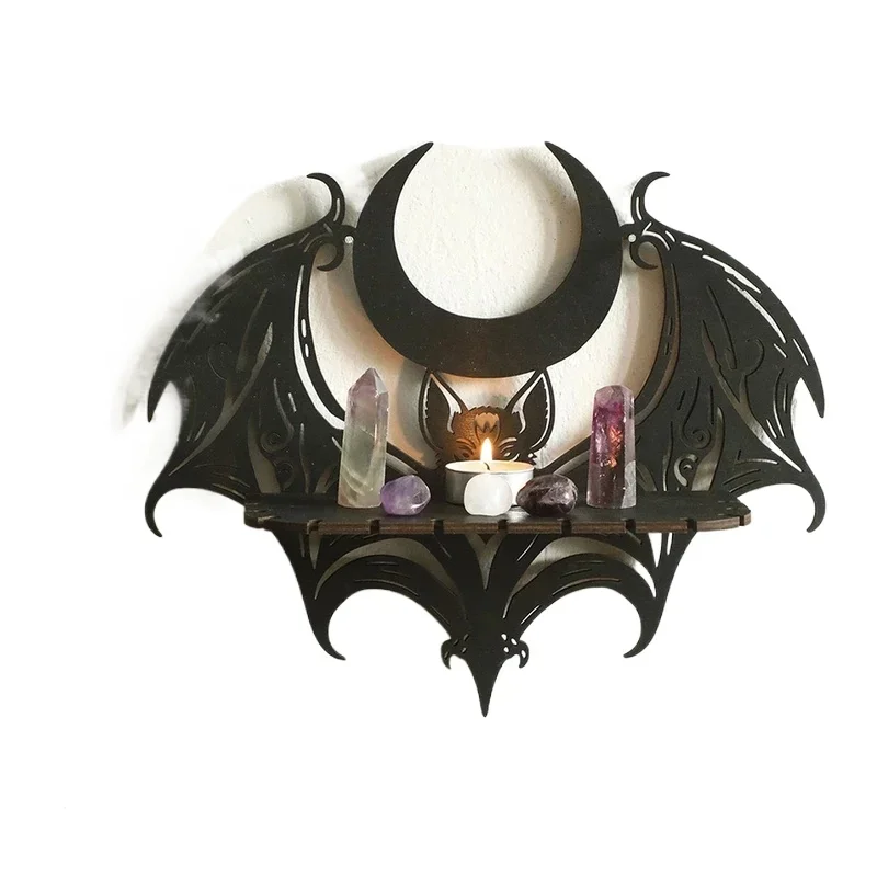 Готическая полка летучая мышь черный деревянный настенный дисплей с полумесяцем