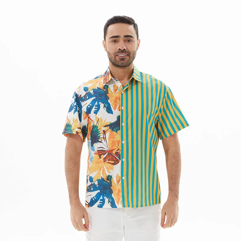 

Summer New Trendyol Men Hawaiana Short Sleeve Beach Shirt Man Oversized Vintage Patchwork Striped Shirts Clothing Vetement Homme