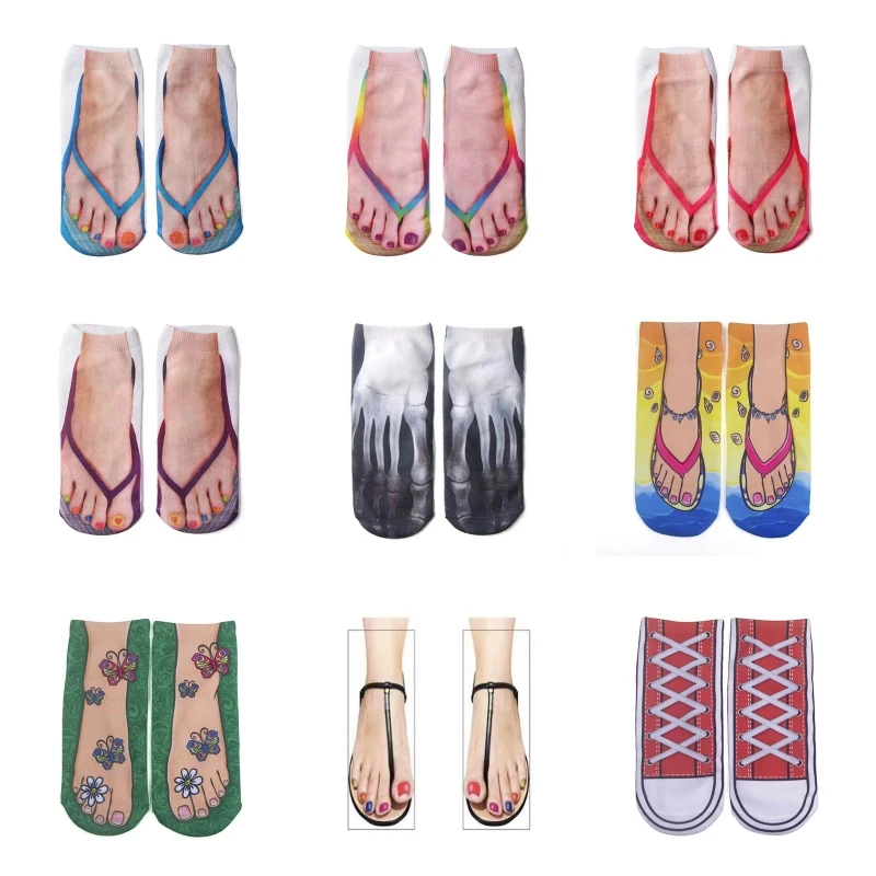

Adult Kids Unisex Low Cut Boat Socks Novelty Funny for Creative Skeleton Flip Flops 3D Digital Printed Ankle Hosiery Gif