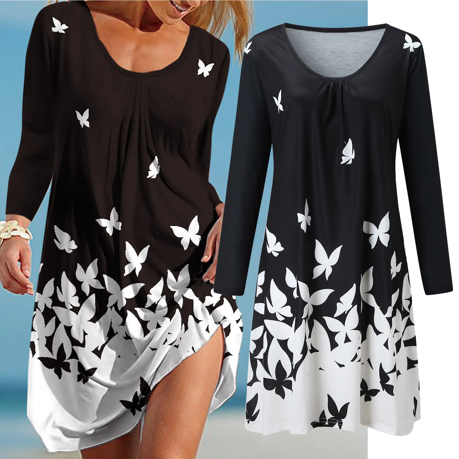 

Women Floral Sundress Long Sleeve O-Neck ​Dress Boho Print Beach Dress Beach Cocktail Dresses for Women