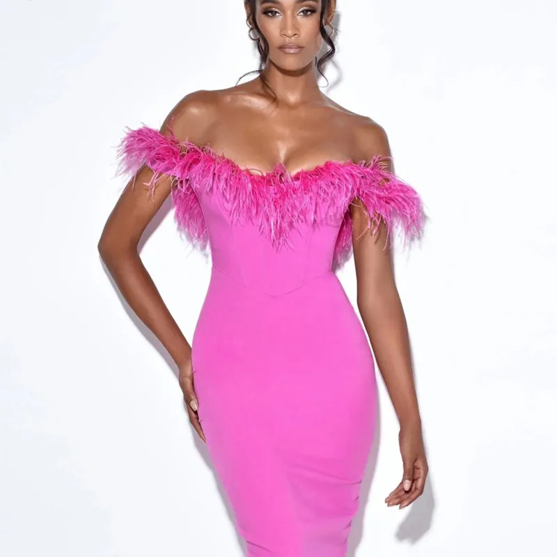 

2022 High Quality Fashion Bandage Dress For Women Sexy Strapless Sleeveless Feather Rose Bodycon and Knee Dress Party Night