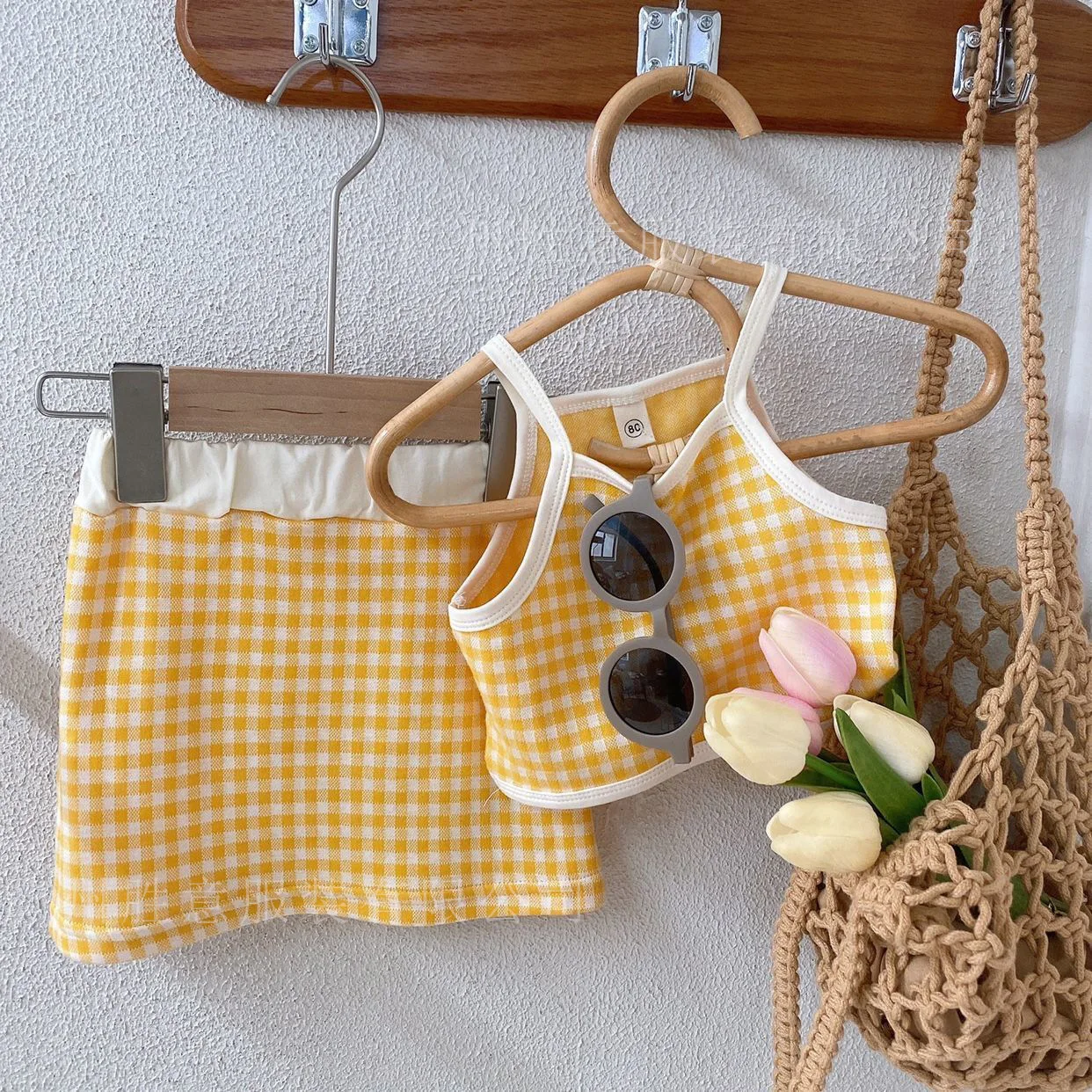 

Girls' Suit Summer Children's Clothing New 2023 Korean Version Foreign Check Slip Top Skirt Two-piece Set Kids Costume