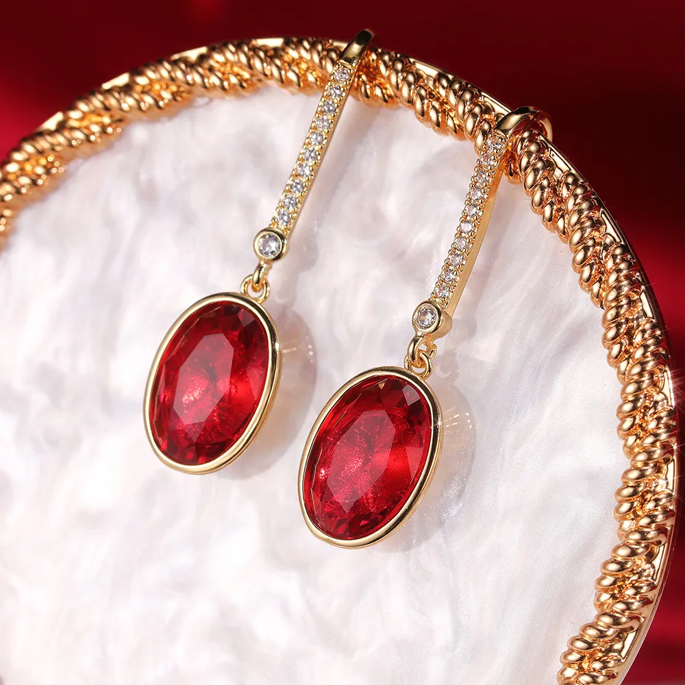 

Elegant Oval Red Color CZ Drop Earrings for Women Luxury Gold Color Female Earrings 2022 Trend New Versatile Jewelry Wholesale