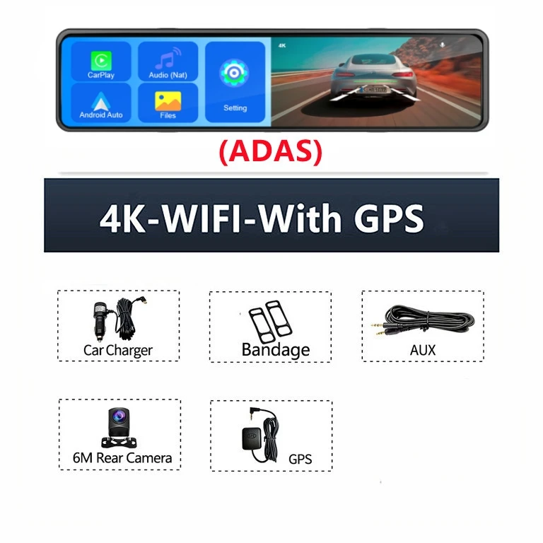 

Видеорегистратор автомобильный, 12 дюймов, 4K, 2160P, GPS, Wi-Fi, ADAS