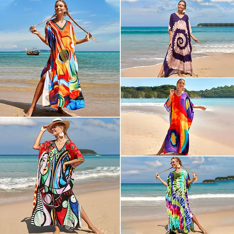 

Cover-ups Print Boho Style Long Beach Cover Up Robe Plage Pareos Dress Loose Women Maxi Summer Dress Tunic for Beach Sarong