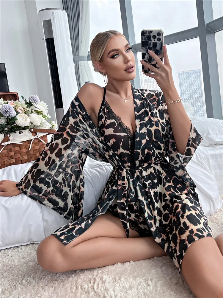 

Summer Night Backless Leopard Trumpet Women's Mesh Belted Robe Pajamas Sleep Romper Crisscross Set Sleeve