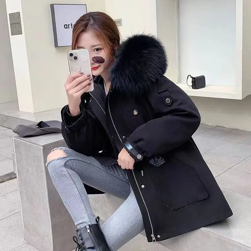 New Winter Jacket Women 2022 Rex Rabbit Fur Liner Detachable Cotton Coats Hooded Long Thick Warm Padded Parkas Famale Clothing