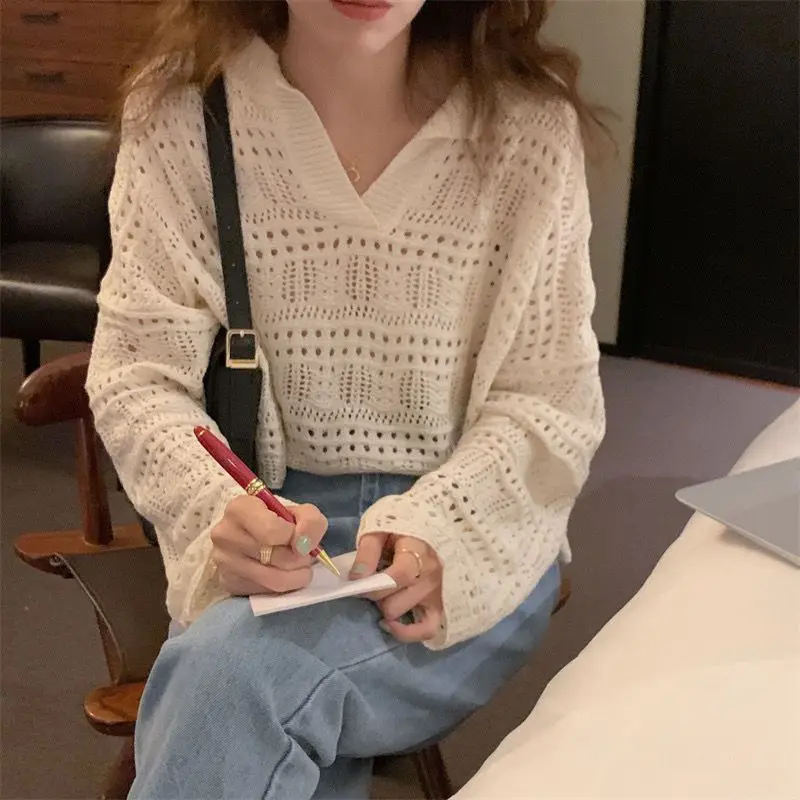 Женский пуловер поло с перфорацией Однотонный свитер длинным рукавом Элегантные
