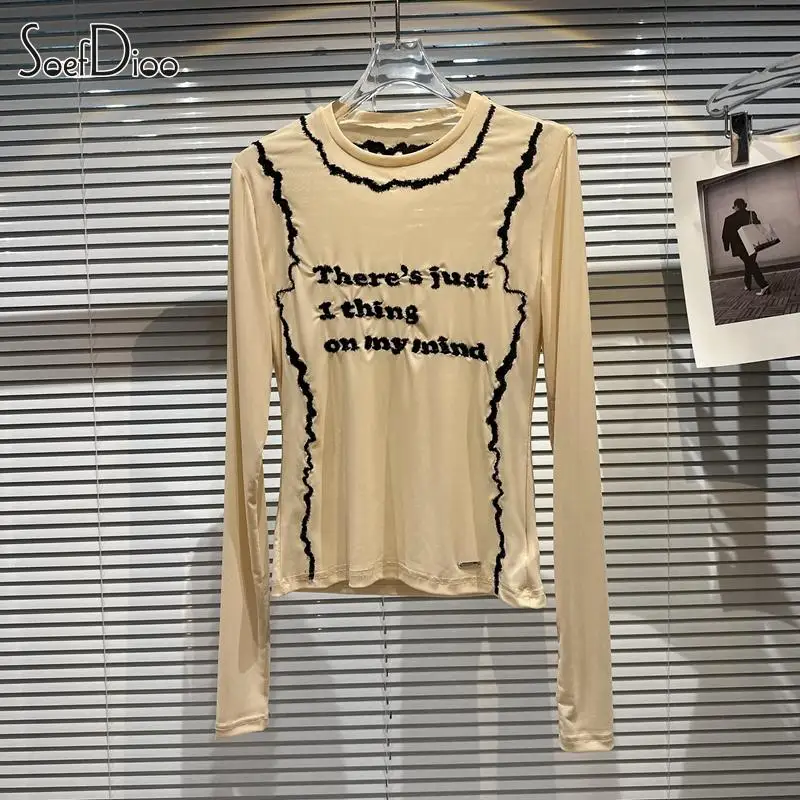 

Soefdioo Letter Embroidery Mesh Sheer Long Sleeve T-Shirt Fashion O-Neck Basic for Women Clothing Summer 2023 Y2K Top Streetwear