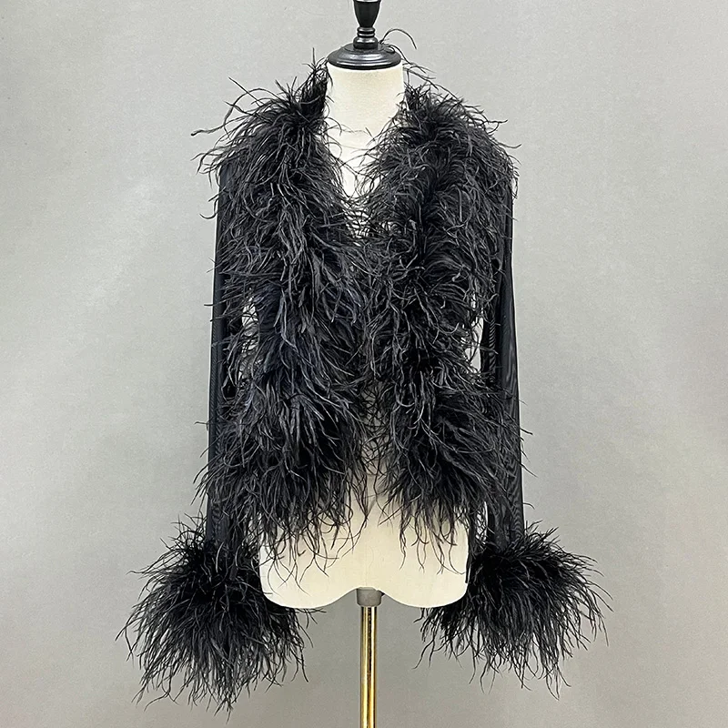 

Women's Summer Mesh Feather Tassel Stitching V-neck Cardigan Luxury Ladies Long Sleeve Crop Shirt With Ostrich Feather Cuffs