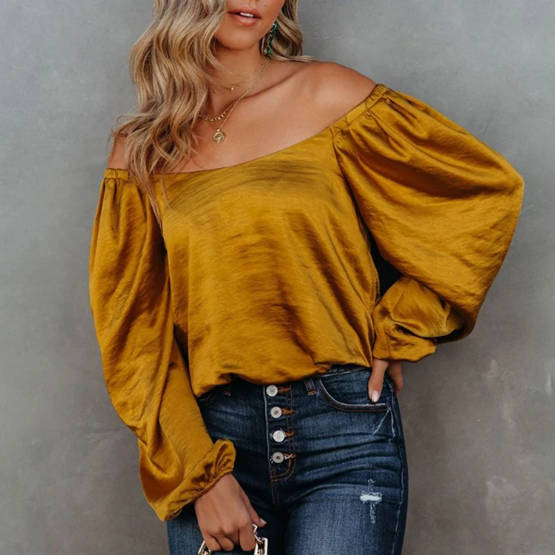 

Новые Элегантные атласные сексуальные блузки с воротником-лодочкой, женские осенние свободные рубашки с длинным рукавом, женские модные повседневные топы, женские блузы 28444