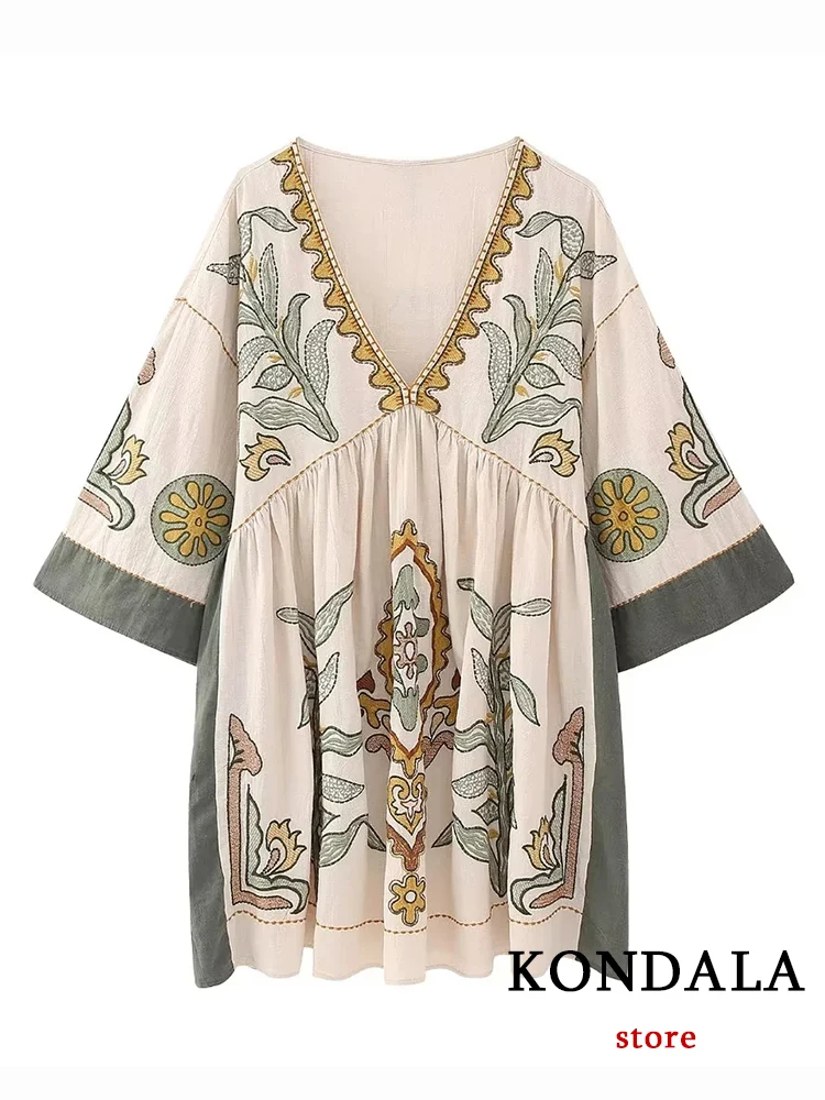 

Женское винтажное мини-платье с вышивкой KONDALA, летнее Повседневное платье большого размера с V-образным вырезом и коротким рукавом, 2023