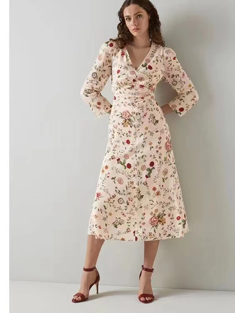 

Женское длинное шелковое платье с V-образным вырезом и длинным рукавом