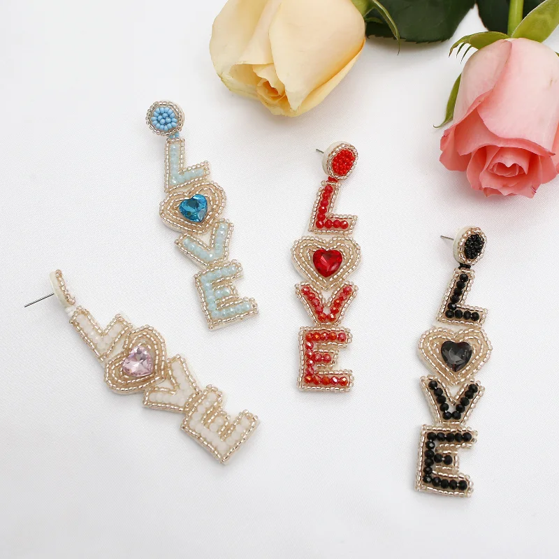 

2023 Wholesale Peach Heart LOVE Letter Earrings High Quality Handwoven Bohemia Rice Beads Valentine's Day Earrings for Couples