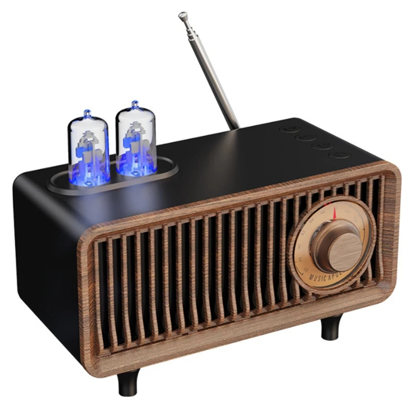 

Деревянная Беспроводная Bluetooth-Колонка в стиле ретро с сабвуфером, музыкальный проигрыватель со светодиодсветильник кой, поддержка громкой ...