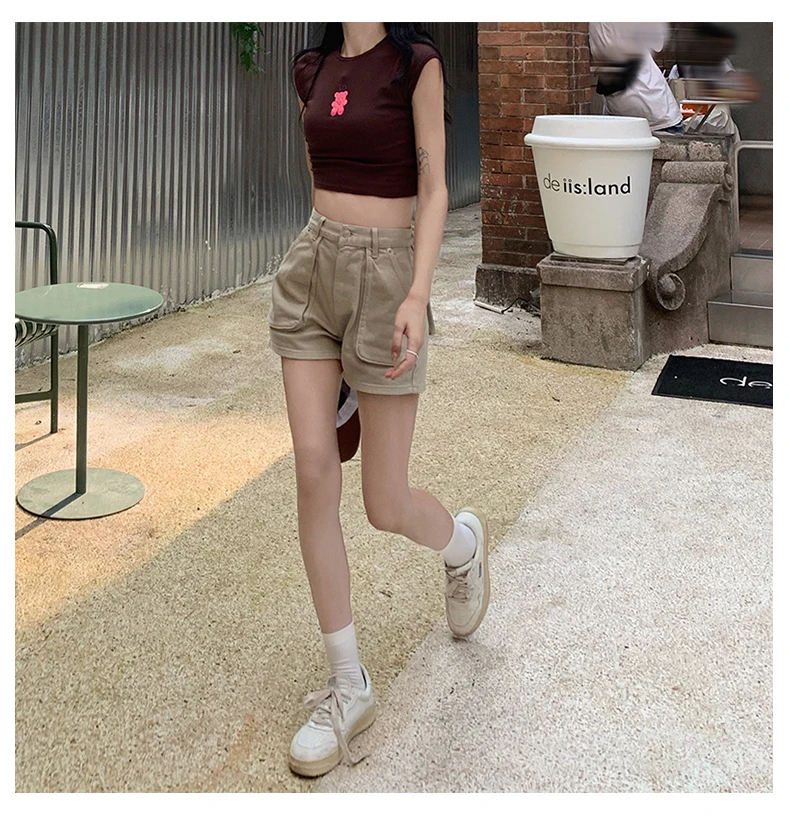 2023 New Cargo Thin Light Khaki Denim Shorts Women's Summer Wear High Waist Slimming American Loose Leisure Workwear Jean Shorts