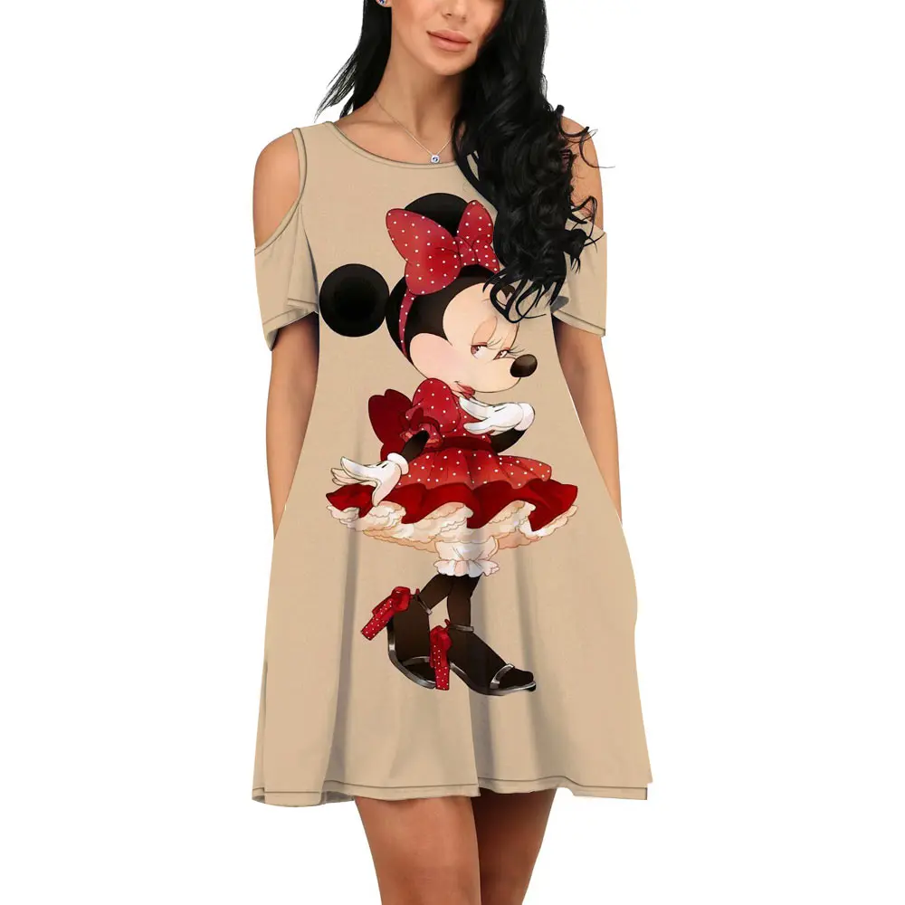 

Y2K Streetwear Summer New Disney Brand Cute Mickey Minnie Anime Ladies Casual O Neck 3D Print Sexy Nightclub Off Shoulder Dress