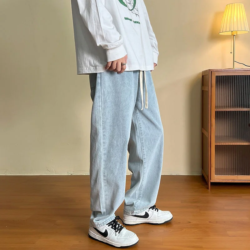 Blue Grey Baggy Jeans Men Fashion Drawstring Casual Wide Leg Jeans Mens Streetwear Hip Hop Loose Straight Denim Trousers Men